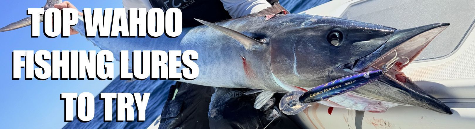 "TOP WAHOO FISHING LURES TO TRY" white text over a close-up of a wahoo with open mouth, showing sharp teeth and a blue-and-silver hard lure hooked at the jaw. Blue ocean and sky in background.