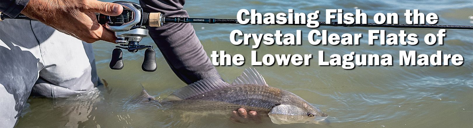 Angler kneeling in shallow water while holding a large fish beside a baitcasting rod, with a banner headline about fishing the crystal-clear flats of the Lower Laguna Madre.