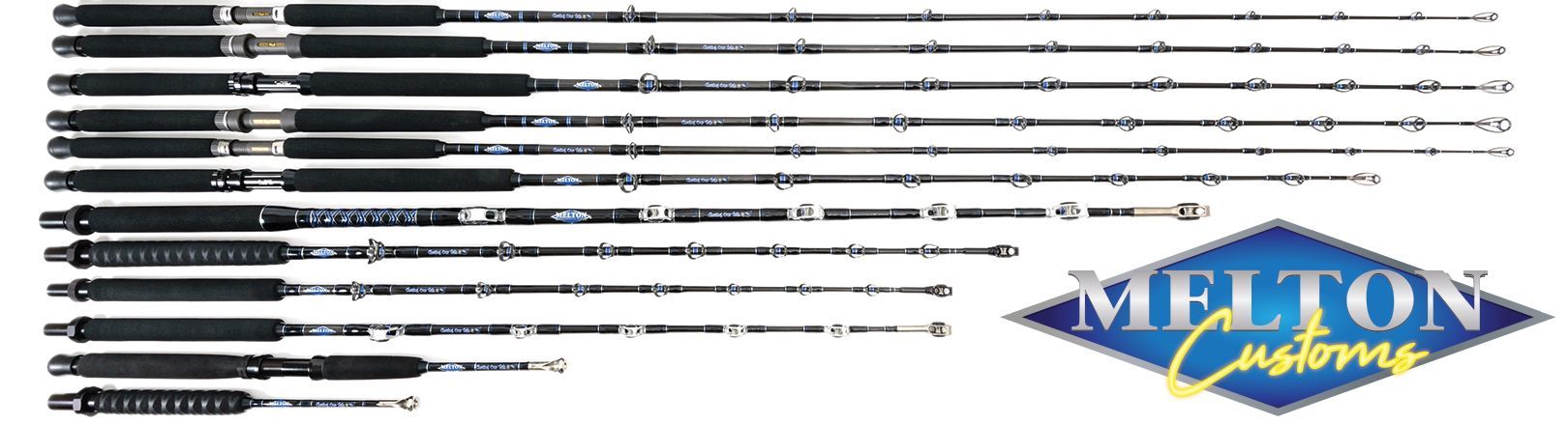 MELTON Customs logo shown on bottom right in blue and yellow. Set of custom fishing rods with varying different features, black grips and blue accents displayed horizontally on white background.