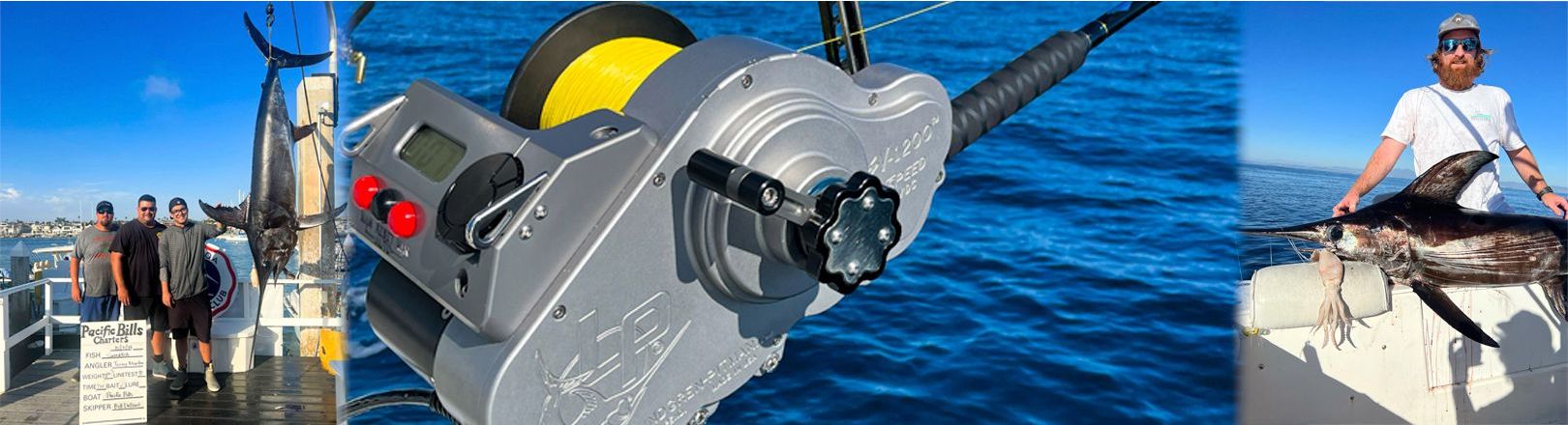 Three men posing beside hanging marlin with catch board; center shows close-up of silver-colored electric reel with yellow line; third view features man on boat holding large swordfish on the edge of the boat.