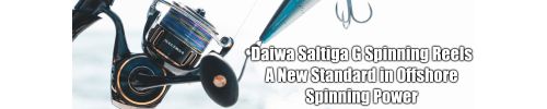 "Daiwa Saltiga G Spinning Reels A New Standard in Offshore Spinning Power" Blue and gold reel on white background with lure attached.