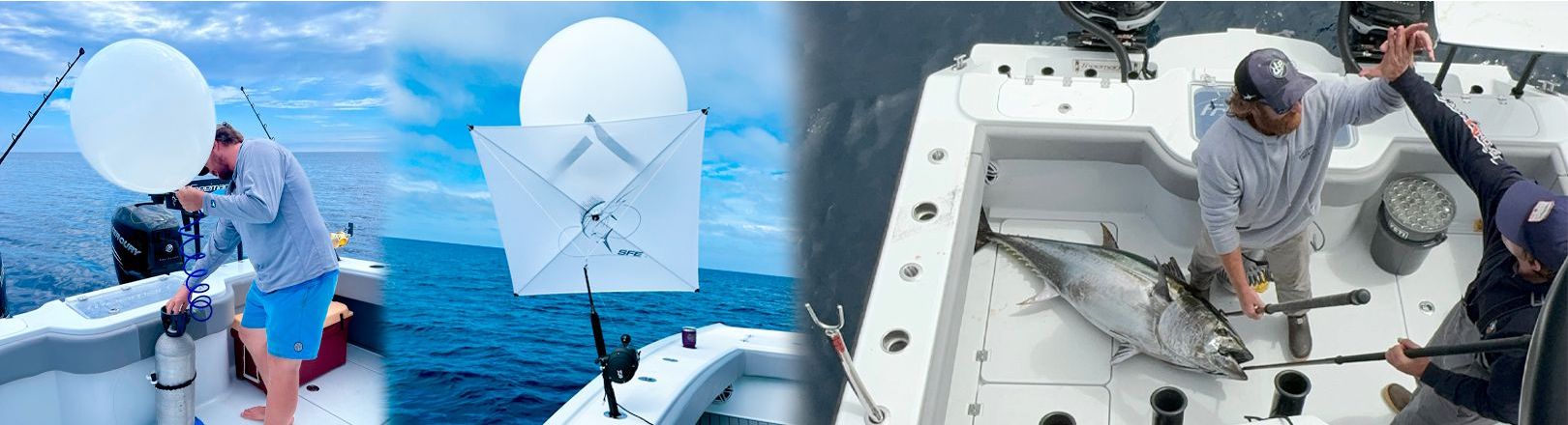 Man inflating large white balloon on boat deck; second view shows balloon rigged with square kite marked "SFE" above ocean; third view shows two men celebrating catch of large tuna on boat floor.