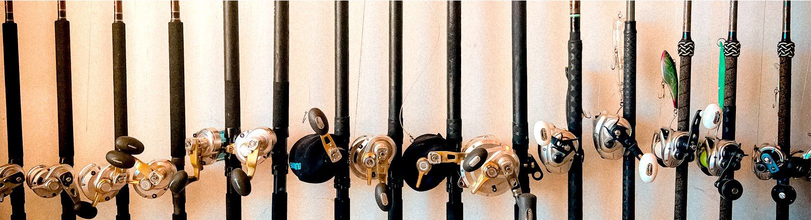 Many rods and reels are lined up next to a wall. The rods are mainly black, featuring different grips. Most of the reels on the left are silver and gold lever drag reels. The rest are silver color star drag reels.