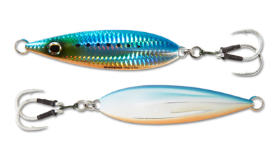 Shimano Butterfly Flat-Fall Jig in Blue Sardine color with metallic blue scale pattern, black spots, and gold accents. Back side is white with blue top fade and orange edge. Two single hooks attached.