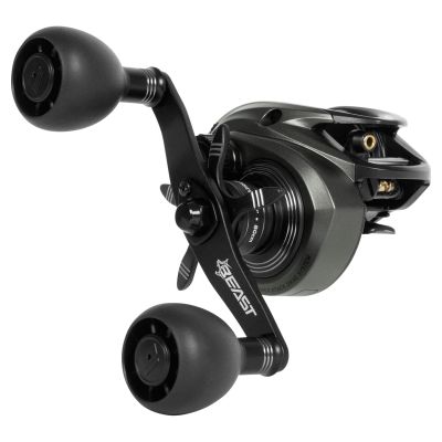 Abu Garcia Beast 200LP Baitcasting Reel shown in 3/4 handle side view with dark green body, black double paddle handle featuring “BEAST” logo, exposed spool, star drag, and knurled tension dial.