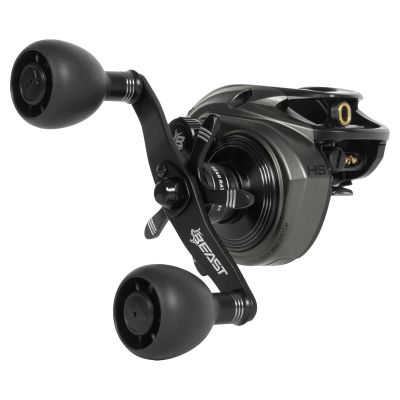 Abu Garcia Beast 300LP-HS Baitcasting Reel shown in 3/4 handle side view with dark green body, black double paddle handle, star drag, “BEAST” logo on arm, “HS,” “GEAR RATIO 7.5:1,” and “POWER STACK DRAG SYSTEM” text visible.
