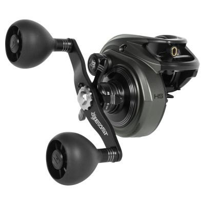 Abu Garcia Beast 400LP-HS Baitcasting Reel shown in 3/4 handle side view with dark green body, black double paddle handle with “BEAST” logo, silver tension knob, “HS,” “RETRIEVE 34",” and “POWER STACK DRAG SYSTEM” text visible.