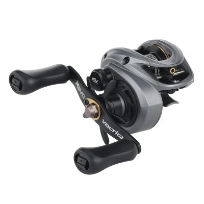 Abu Garcia Revo VOLTIQ SX Low Profile Baitcasting Reel, 3/4 view, dark silver-colored body with black dual paddle handles, black spool with gold-colored ring, handle arm with "REVO" and "VOLTIQ" white, "SX" white