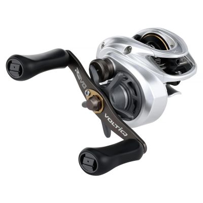 Abu Garcia Revo VOLTIQ X Low Profile Baitcasting Reel, 3/4 view, silver-colored body with black dual paddle handles, black spool with gold-colored ring, star drag and handle arm with "REVO" and "VOLTIQ" white