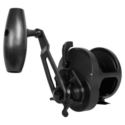 Accurate Ascender Star Drag Jigging Reel - AX-600XN-JIG, 3/4 view, black conventional fishing reel with long handle knob, angled handle arm with cutout, round side plate, star drag wheel, open spool frame, "STAR DRAG" black