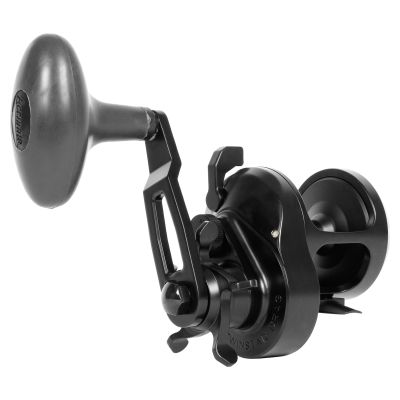 Accurate Ascender AX-400X Star Drag Reel, shown in 3/4 view from handle side. Black finish with ergonomic oval knob handle, exposed silver screw, and “TWINSTAR DRAG” text on gear housing.