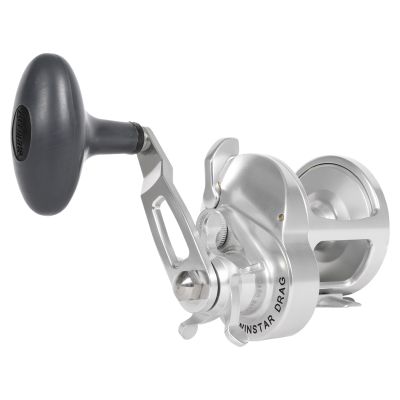 Accurate Tern2 Star Drag Conventional Reel - TXD-500X, 3/4 view, silver-colored conventional reel with open frame spool, star drag and handle arm, black oval knob with "Accurate" black text, and "TWINSTAR DRAG" black text on frame