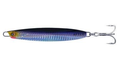 AFTCO Blue Fever Crossbreed Lure in Chovie color with a silver-toned body, blue back, and subtle scale pattern; equipped with dual treble hooks.