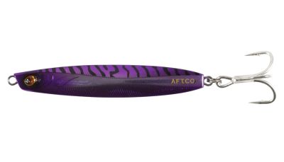 AFTCO Blue Fever Hybrid Lure in Purple Black color, with metallic purple body, black tiger stripe pattern, gold "AFTCO" text, 3D eye, and silver treble hook.