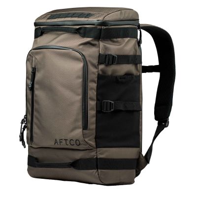 AFTCO Expedition Backpack in Bungee Cord with a structured rectangular design, front zippered pocket, top zippered compartment, side compression straps, and a padded shoulder strap.