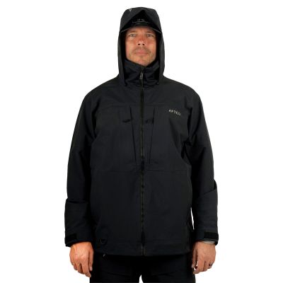 Person wearing AFTCO Fortress Jacket in black with attached hood, full-length front zipper, high collar, chest logo text &ldquo;AFTCO,&rdquo;