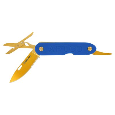 AFTCO Multi Tool with blue handle featuring indented "AFTCO" text and a small bottom indent. Includes gold-colored partially serrated blade marked "Boker," folding scissors, and a Phillips head screwdriver.