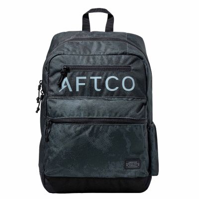 AFTCO Schoolie Backpack in Black Storm Camo with a large main compartment, front zip pockets, side pocket, top carry handle, and AFTCO logo on the front.