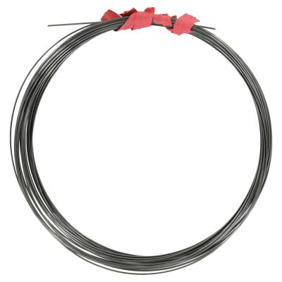 AFW Titanium Tooth Proof Single Strand Leader Wire, coiled in a loop with dark metallic finish, secured by red twist ties.
