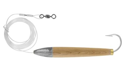 Ahi USA cedar plug with pointed silver-colored nose, natural wood body, and large single barbed hook. Comes pre-rigged with clear fluorocarbon line and silver-colored swivel.