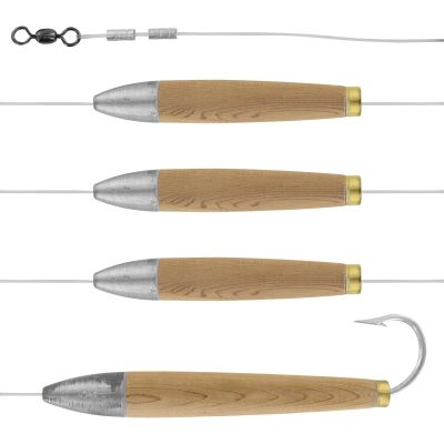 Ahi USA cedar plug chain with five connected plugs, each with silver-colored nose and natural wood body. Final plug features a large single barbed hook. Pre-rigged with clear fluorocarbon line and silver-colored swivel.