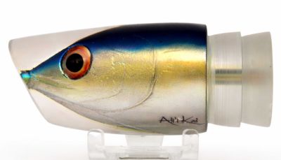 Ali'i Kai Large Kill Switch Scoop Lure - #4 - Clear trolling lure with a scoop-face. Black, blue, yellow, and white yellowfin fish-like pattern insert, and a fish-like eye.