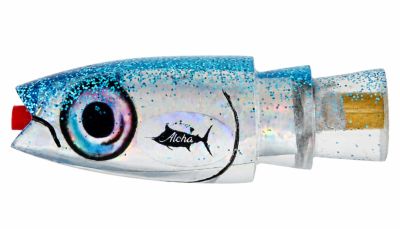 Aloha Baby Ninja Lure - #1 - Clear concave face trolling lure with blue sparkle top, fish head insert, and fish-like eyes.