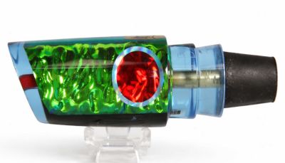 Aloha Smash Bait Baby Lure - Fish Head - #11 - Blue tinted trolling lure with a green reflective dichro insert, a red eye, and a black rubber hook lock attached to the rear. 