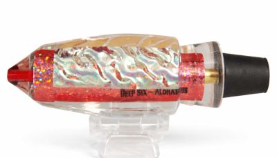 Aloha Large Deep Six Lure - #7 -Bullet shaped trolling lure with pink tape insert, and reflective pink dichro panels.