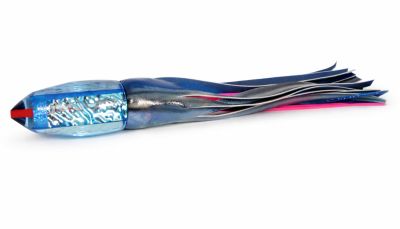 Aloha Large Deep Six Lure - Pre-Skirt #2 - A La Vive - Bullet shaped trolling lure with blue tint, and a blue reflective dichro insert. Includes blue skipjack pattern vinyl with blue and pink tuff tail inner skirts attached.
