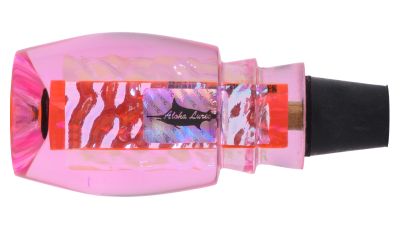 Aloha Large Beauty pink tapered lure head with red inner bar, holographic red-pink patterned insert, and “Aloha Lures” text beside a black fish silhouette, plus a black tail tube.