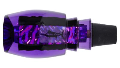 Aloha Large Beauty purple tapered lure head with dark inner core, holographic purple patterned insert, and “Aloha Lures” text beside a black fish silhouette, plus a black tail tube.