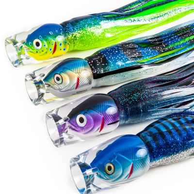American Custom Banshee Fish Head Jetted Lures - Left to right, top to bottom: Dorado, Yellowfin, Skipjack, Ballyhoo