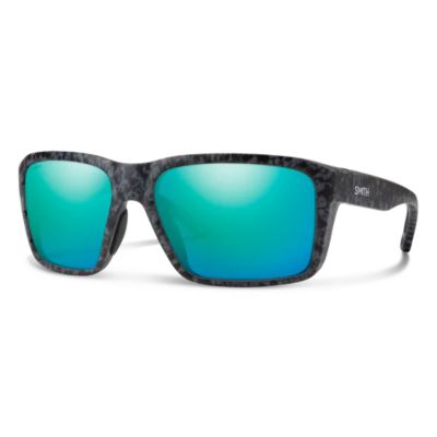 Smith Backcast Sunglasses, front view, matte ash tortoise patterned frame with rectangular shape and blue green mirrored lenses, black nose pads, "SMITH" white on outer temple