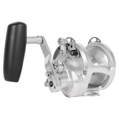 Avet HX Non-MC Raptor Plus 3-Speed Conventional Reel with silver frame, handle arm, lever drag, reel seat, harness lugs and spool. Black elongated handle.