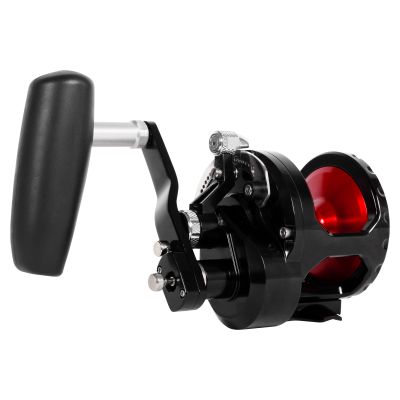 Avet JX 3/S Winch 3-Speed Conventional Reel shown in a 3/4 view from the handle side with a black body, red spool, silver handle arm, and large black grip.