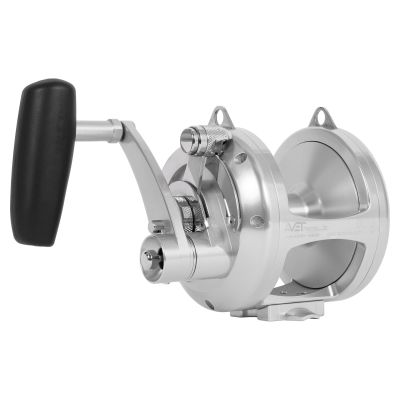 Avet Pro EX 50/2 Two Speed Reel - Right-Hand - Silver - Angled Handle - Black handle grip, drag adjustment knobs, and topless spool design. Plate text reads "AVET Reels" "GEAR RATIO H:3.2:1"
