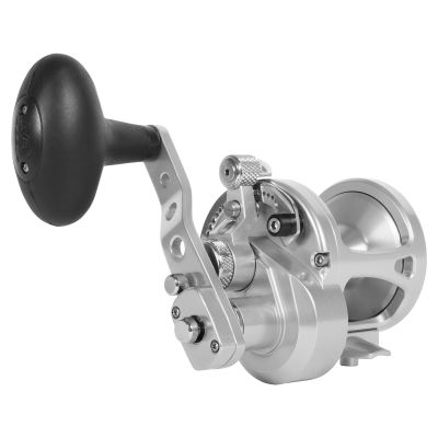 Avet SX G2 6/4 Two Speed Reel with Glide Plate with silver-colored body, spool, reel foot, lever drag arm and handle arm with silver accents and black oval handle.