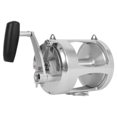 Avet T-RXW 80/3 Three Speed Reel with silver-colored frame, reel foot, spool, harness lugs, lever drag plate, and handle arm with elongated black handle.