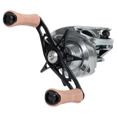 Bates Hundo 100 Baitcasting Reel with a gunmetal gray metallic body with black star drag knob and handle with two tan colored grips.