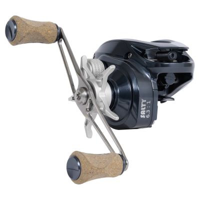 Bates Salty 150 Baitcasting Reel - BRSRH631NB - 3/4 Handle side - Nautical blue and silver silver baitcasting reel with cork-textured dual handle knobs and visible text "SALTY 6.3:1" printed in white on the side.
