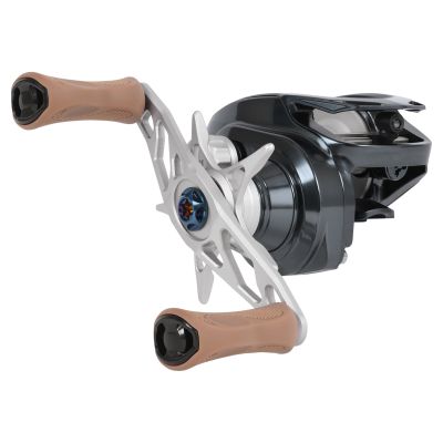 Bates Salty Hundo 100 BRSHRH811GM Baitcasting Reel, 3/4 handle side view with dark gray metal body and spool, silver-colored handle arm and star drag, tan rubberized grip knobs, and iridescent blue center cap.