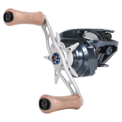 Bates Salty Hundo 50 BRSH50RH811 Baitcasting Reel, right-hand model, 3/4 handle side view with dark metallic blue frame, silver handle and star drag, tan textured grips, and multicolor center cap.