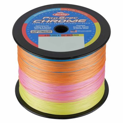 Berkley Prospec Chrome 4x100' Metered Braid Line on large spool, featuring repeating sections of orange, pink, yellow, and blue braid. Label highlights trolling and electric reel use.