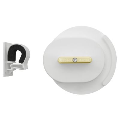 Birdsall Marine Gaff Holder - 5" Gaff Throat - White with Gold round mount with "BIRDSALL MARINE" text on gold-colored plate. White U-Shaped clip with black padding.