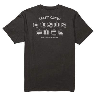 Back view of the Salty Crew Call Sign T-Shirt in black with white nautical flag graphics spelling “SALTY CREW.” Text below reads “FIND REFUGE IN THE SEA” with labeled flag meanings underneath.