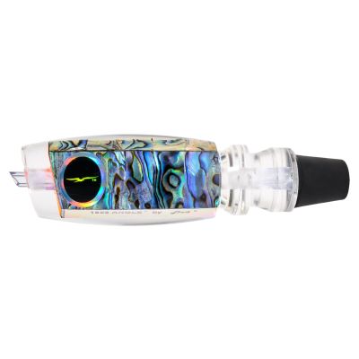 Black Bart 1656 Angle Face lure head with clear angled face, abalone shell body, large black eye with yellow slash, clear connector and black rubber insert.