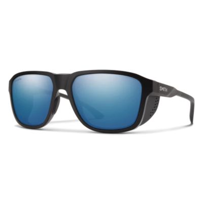 Smith Embark Sunglasses, front view, matte black frame with rectangular shape and blue mirrored lenses, side shields with small vent holes, black nose pads, "SMITH" white on outer temple