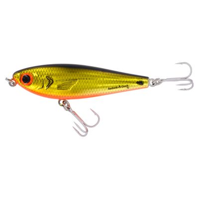 Bomber Badonk-A-Donk High Pitch Lure - Gold/Black Back/Orange Belly, topwater fishing lure with a gold-colored scaled body, black back, orange belly, red eye, and two silver-colored treble hooks. Visible text "Badonk-A-Donk Hp" in black text.
