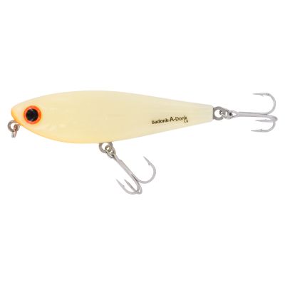 Bomber Badonk-A-Donk Low Pitch Lure - Bone/Orange Throat, topwater fishing lure with an off-white body, orange throat, red eye, and two silver-colored treble hooks. Visible text "Badonk-A-Donk Lp" in black text.